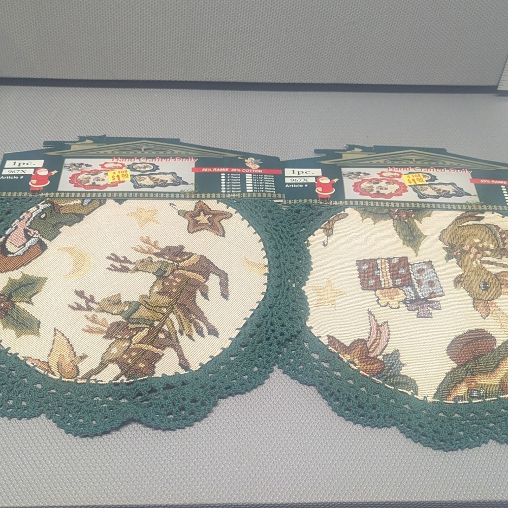 Set of 2 Vintage Christmas Tapestry Doilies Green Crochet Lace 14" Reindeer Gift